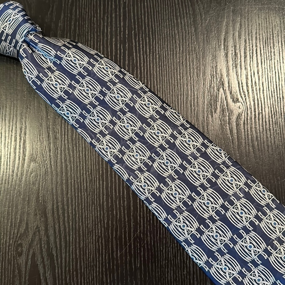 Lanvin Paris Silk Patterned Tie Navy Blue Silver